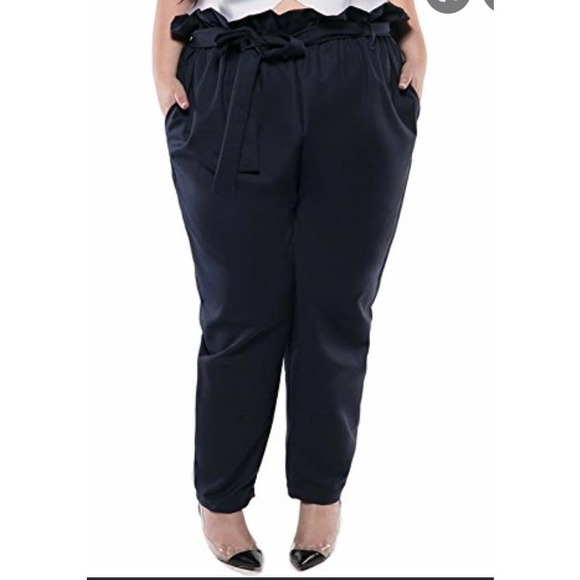 NWT Astra size 12 navy blue high waist paperbag tapered leg pants with belt - Picture 1 of 4
